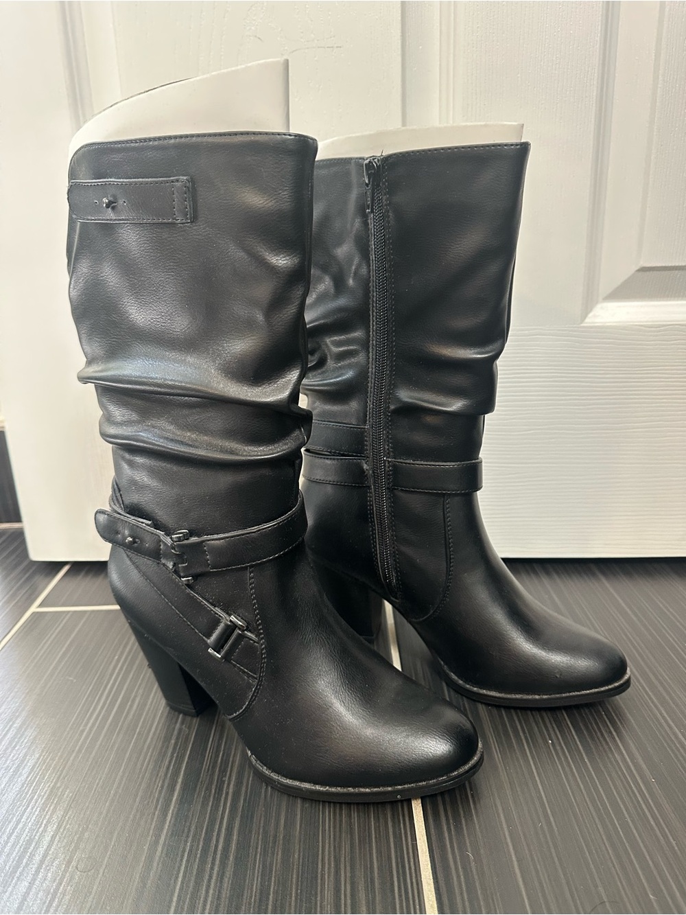 Kohl's Black Slouchy Mid-Calf Heeled Boots with Buckle Detail